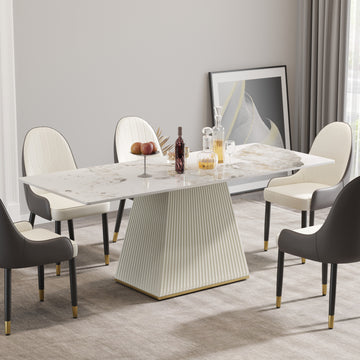 78.74" Modern Artificial Stone Pandora Straight Side Panel Beige Pu Plywood Table Legs Can Accommodate 8 People. White Dining Room Plywood Sintered Stone