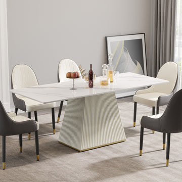 78.74" Modern Artificial Stone White Straight Side Panel Beige Pu Plywood Table Legs Can Accommodate 8 People. White Dining Room Plywood Sintered Stone