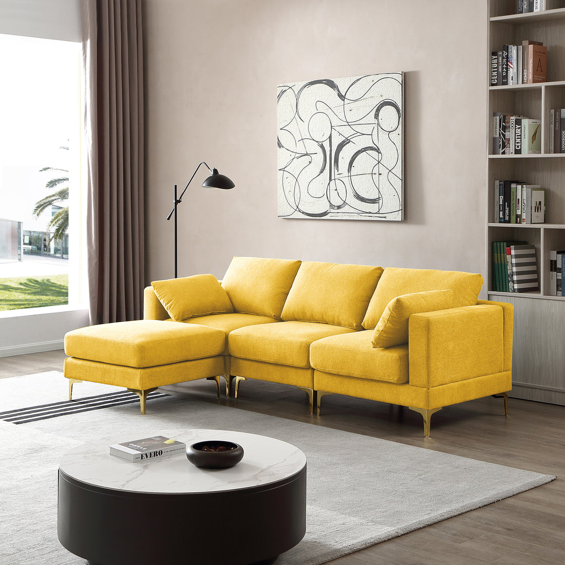 Adf Living Room Furniture Modern Leisure L Shape Couch Yellow Fabric Yellow Foam Fabric
