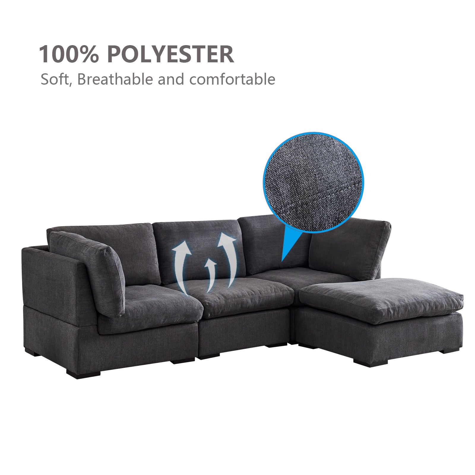 L Shape Modular Soft Fabric Sofa Filled With Down Dark Grey Dark Grey Down Filling Fabric