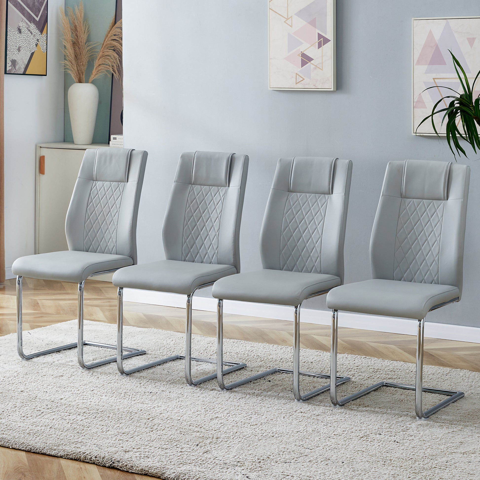 Modern Dining Chairs With Faux Leather Padded Seat Dining Living Room Chairs Upholstered Chair With Metal Legs Design For Living, Bedroom, Dining Room Side Chairs Set Of 8 Light Gray Pu C 001 Light