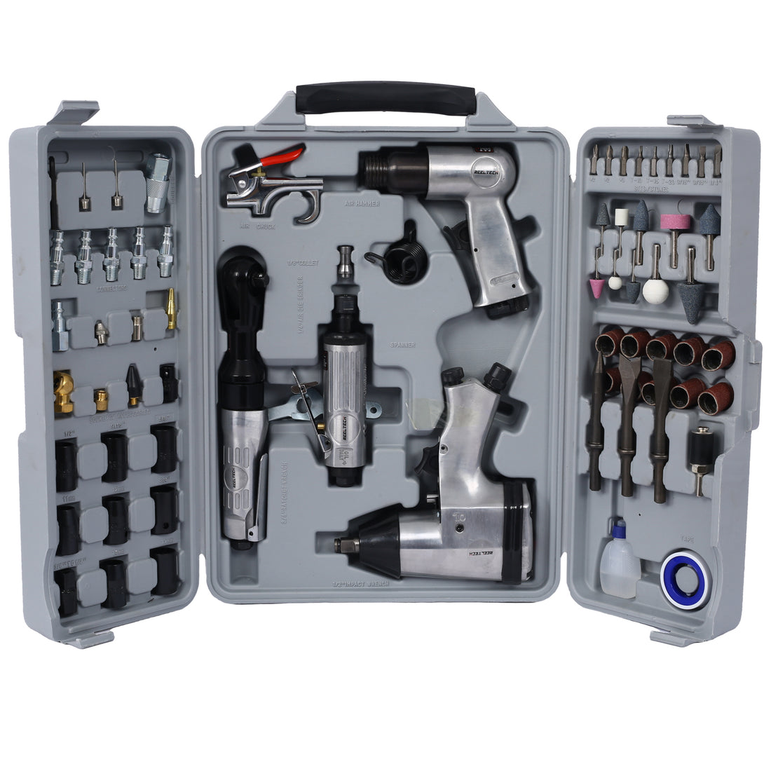 Air Tool And Accessories Kit, 71 Piece, Impact Wrench, Air Ratchet, Die Grinder, Aire Hammer, Hose Fittings, Storage Case Silver Metal