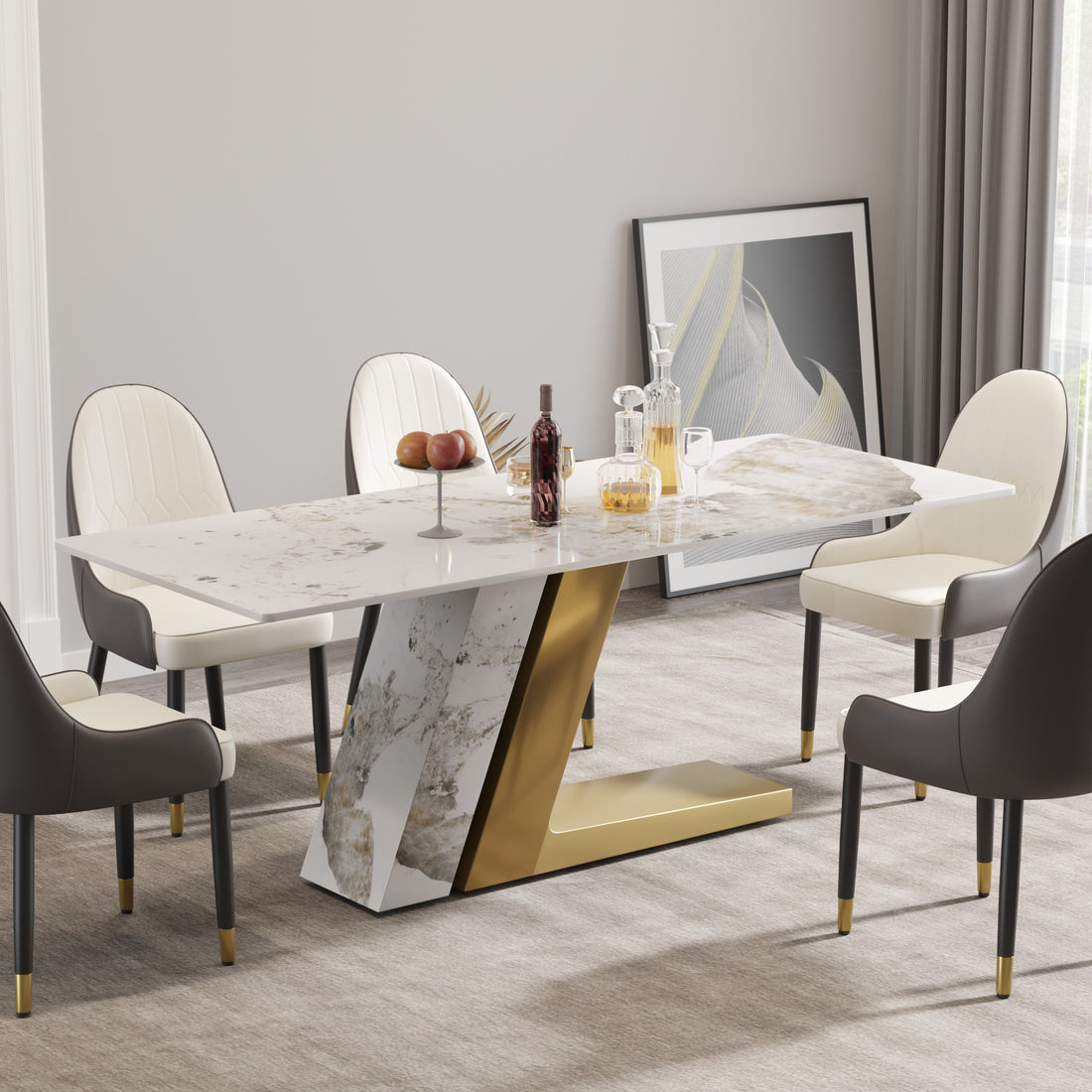 78.74"Modern Artificial Stone Pandora Straight Panel, Golden White Metal Legs Can Accommodate 8 People. Not Including Chairs Black Dining Room Metal Sintered Stone