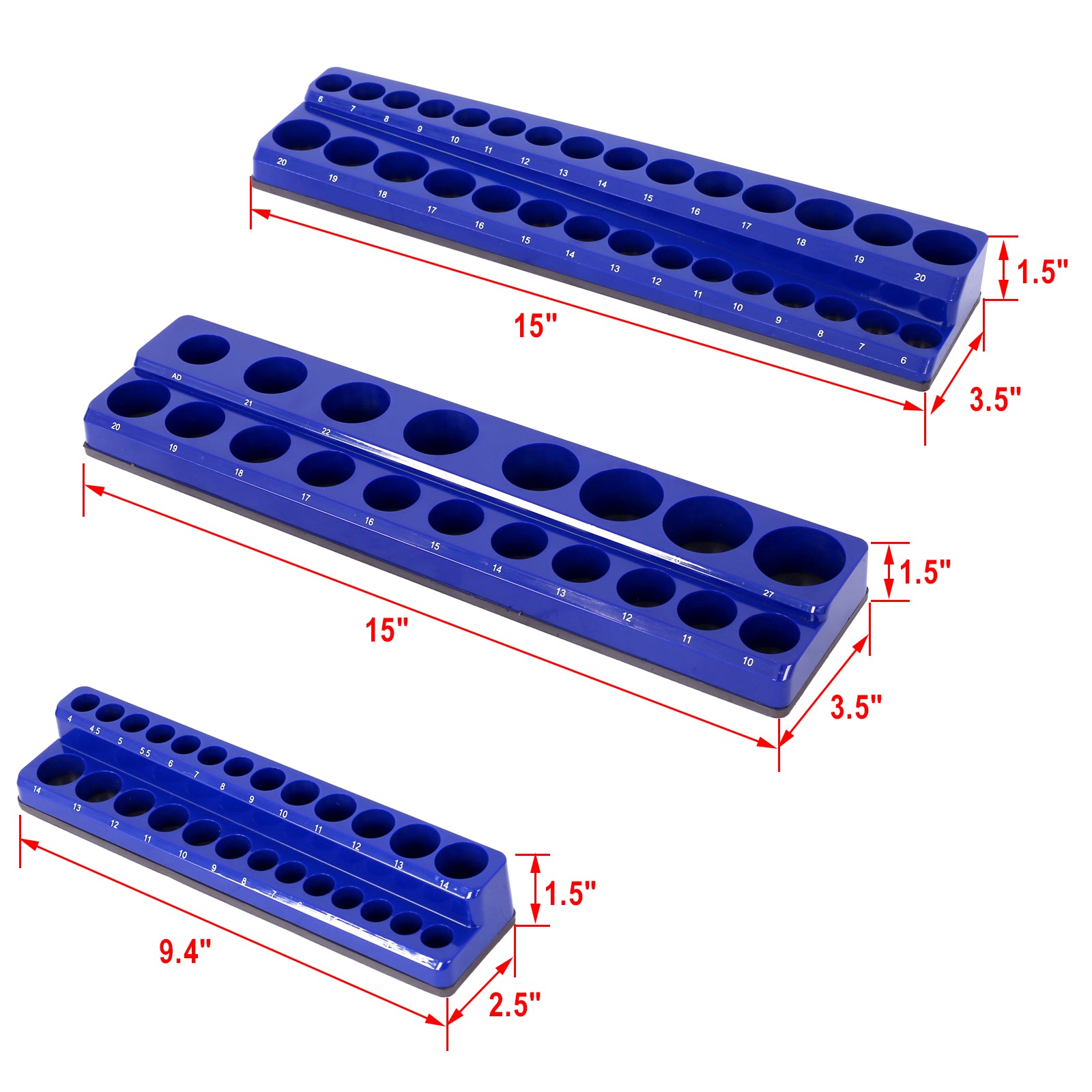 3 Piece Metric Magnetic Socket Organizers, Socket Organizers For Toolboxes, Socket Organizer, Magnetic Socket Holder, Black Tool Box Organizer.3Set,Blue,Metric Blue Plastic