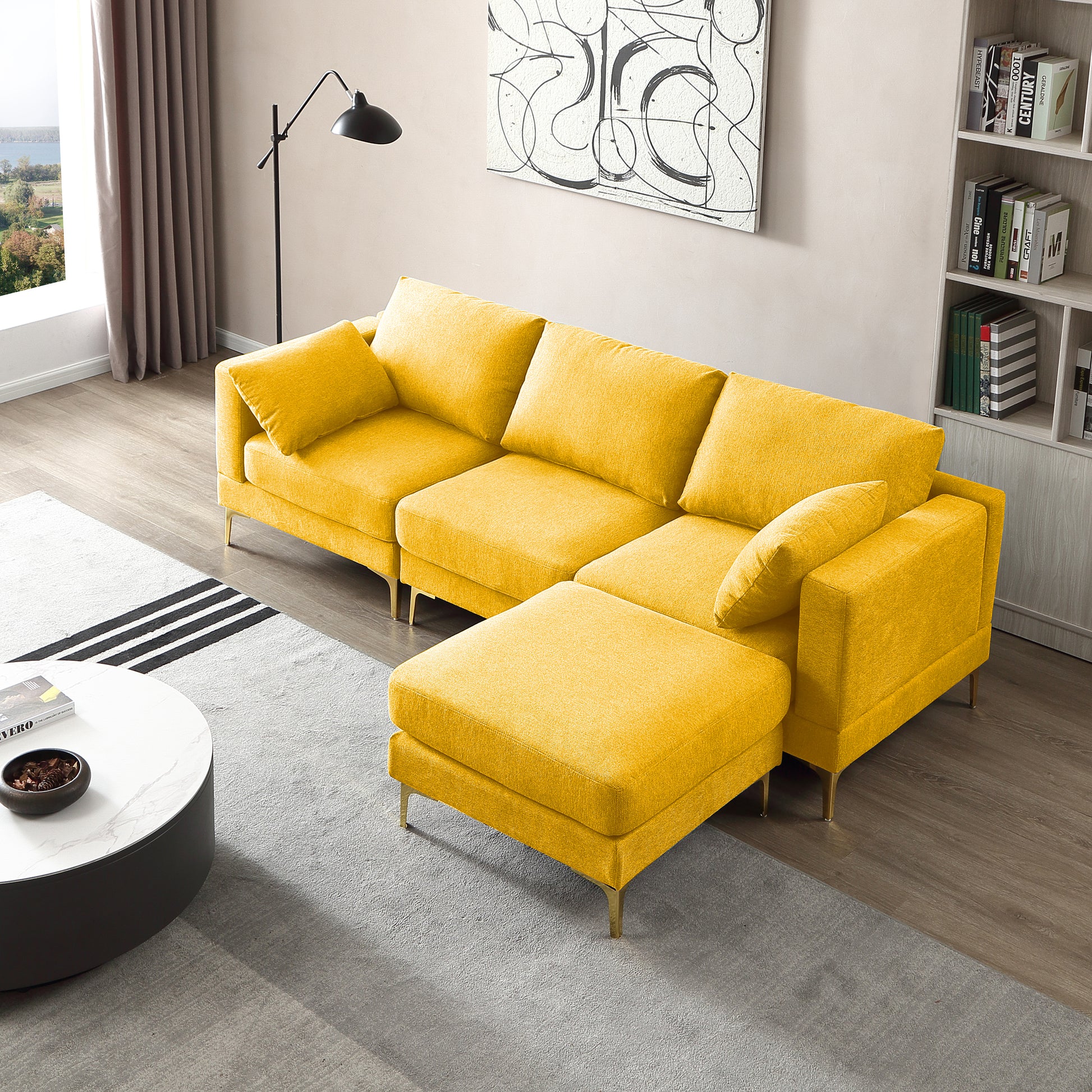 Adf Living Room Furniture Modern Leisure L Shape Couch Yellow Fabric Yellow Foam Fabric