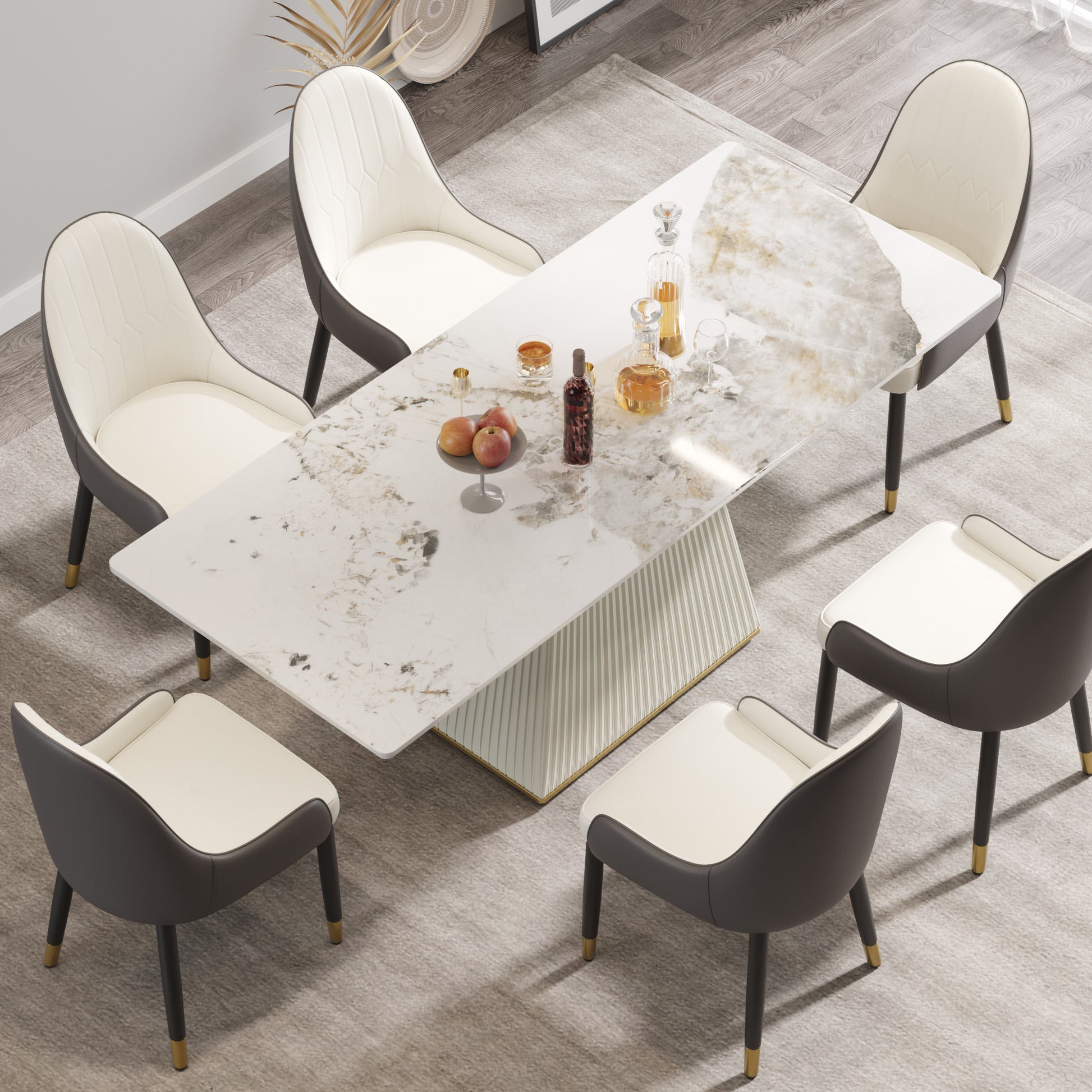 78.74" Modern Artificial Stone Pandora Straight Side Panel Beige Pu Plywood Table Legs Can Accommodate 8 People. White Dining Room Plywood Sintered Stone