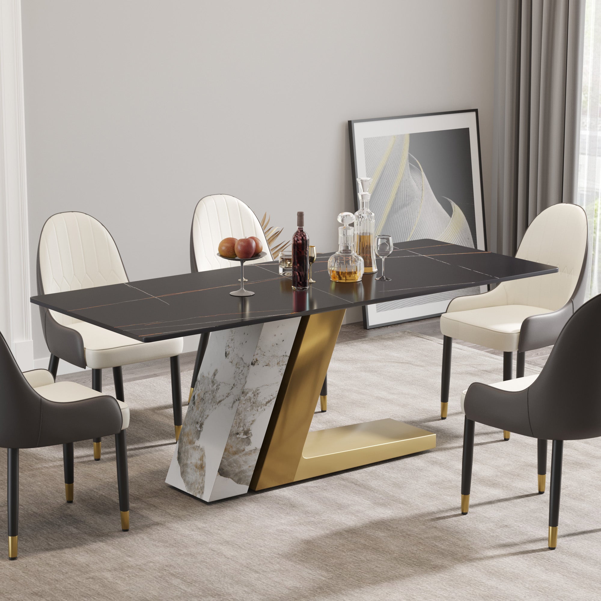 78.74"Modern Artificial Stone Black Straight Panel, Golden White Metal Legs Can Accommodate 8 People. Not Including Chairs Black Dining Room Metal Sintered Stone