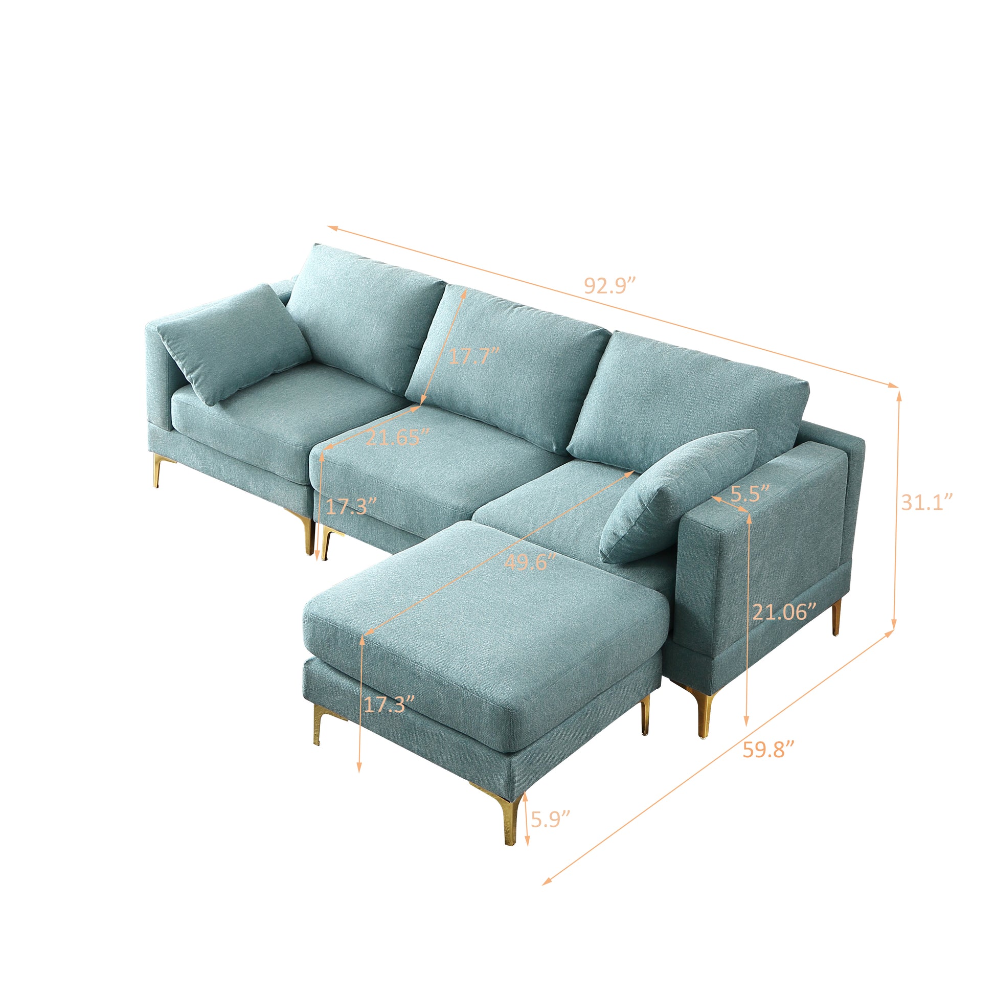 Adf Living Room Furniture Modern Leisure L Shape Couch Turquoise Fabric Turquoise Foam Fabric