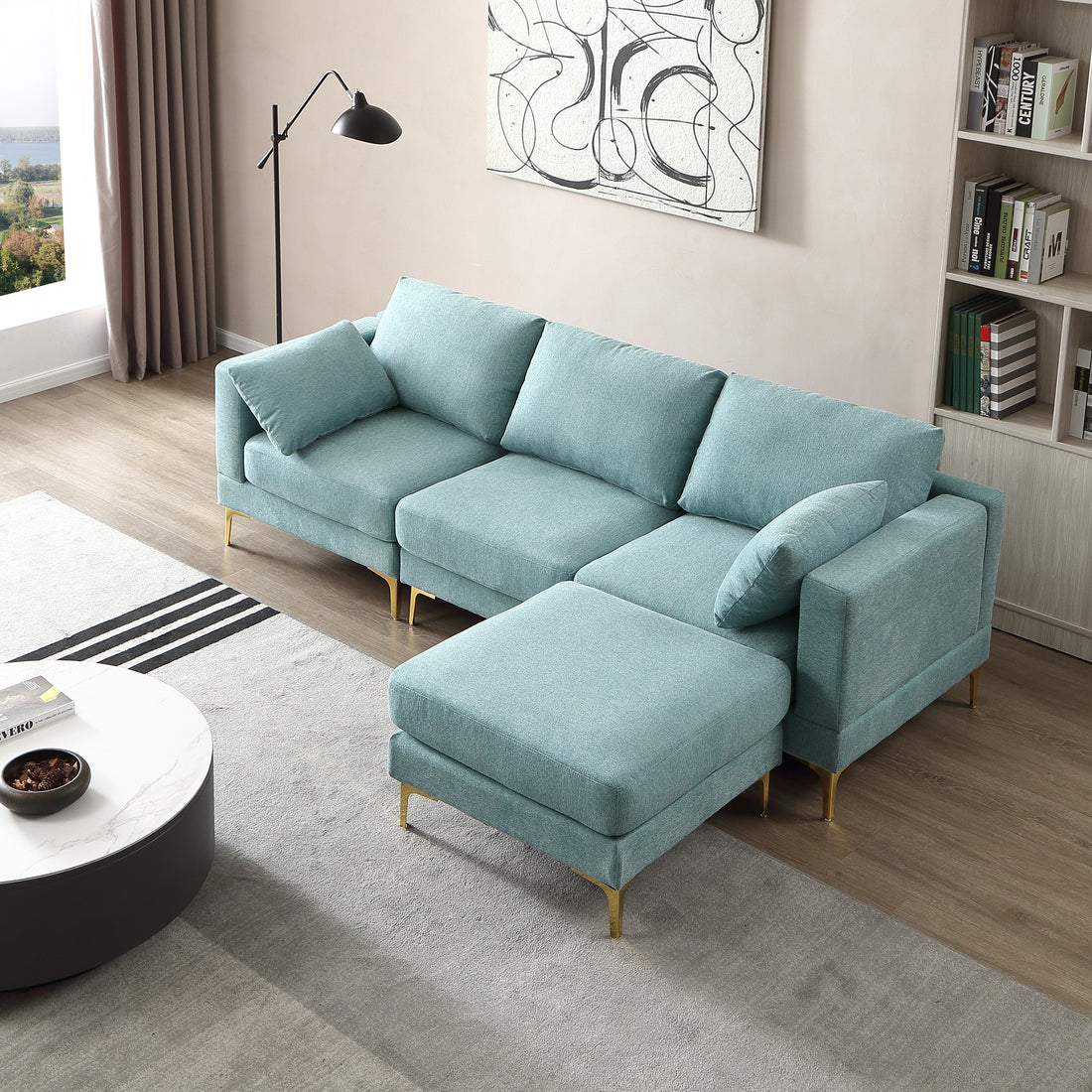 Adf Living Room Furniture Modern Leisure L Shape Couch Turquoise Fabric Turquoise Foam Fabric