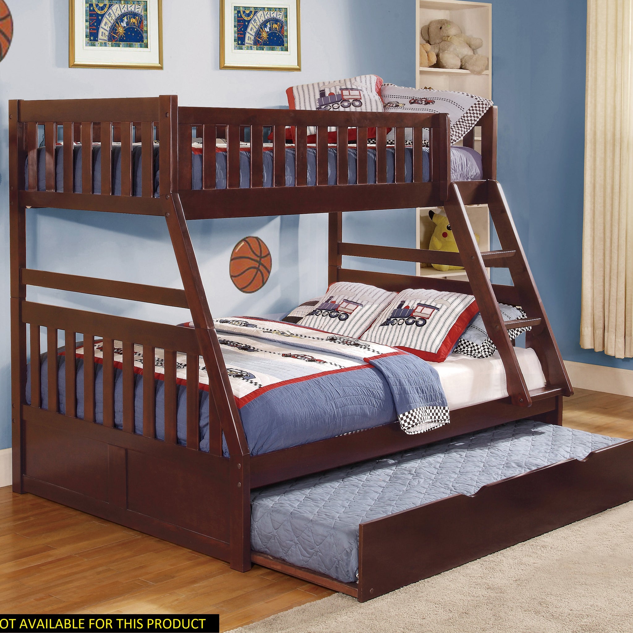 1Pc Twin Full Bunk Bed With Twin Trundle Dark Cherry Finish Wooden Bedroom Furniture Box Spring Not Required Brown Mix Bedroom Transitional Bunk Wood