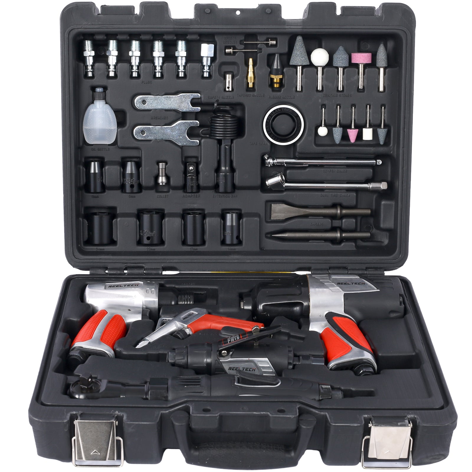 44 Piece Professional Air Tool Accessory Kit Impact Wrench, Air Ratchet, Die Grinder, Blow Gun, Air Hammer, Dual Air Chuck, Tire Gauge, And Accessories Red Metal