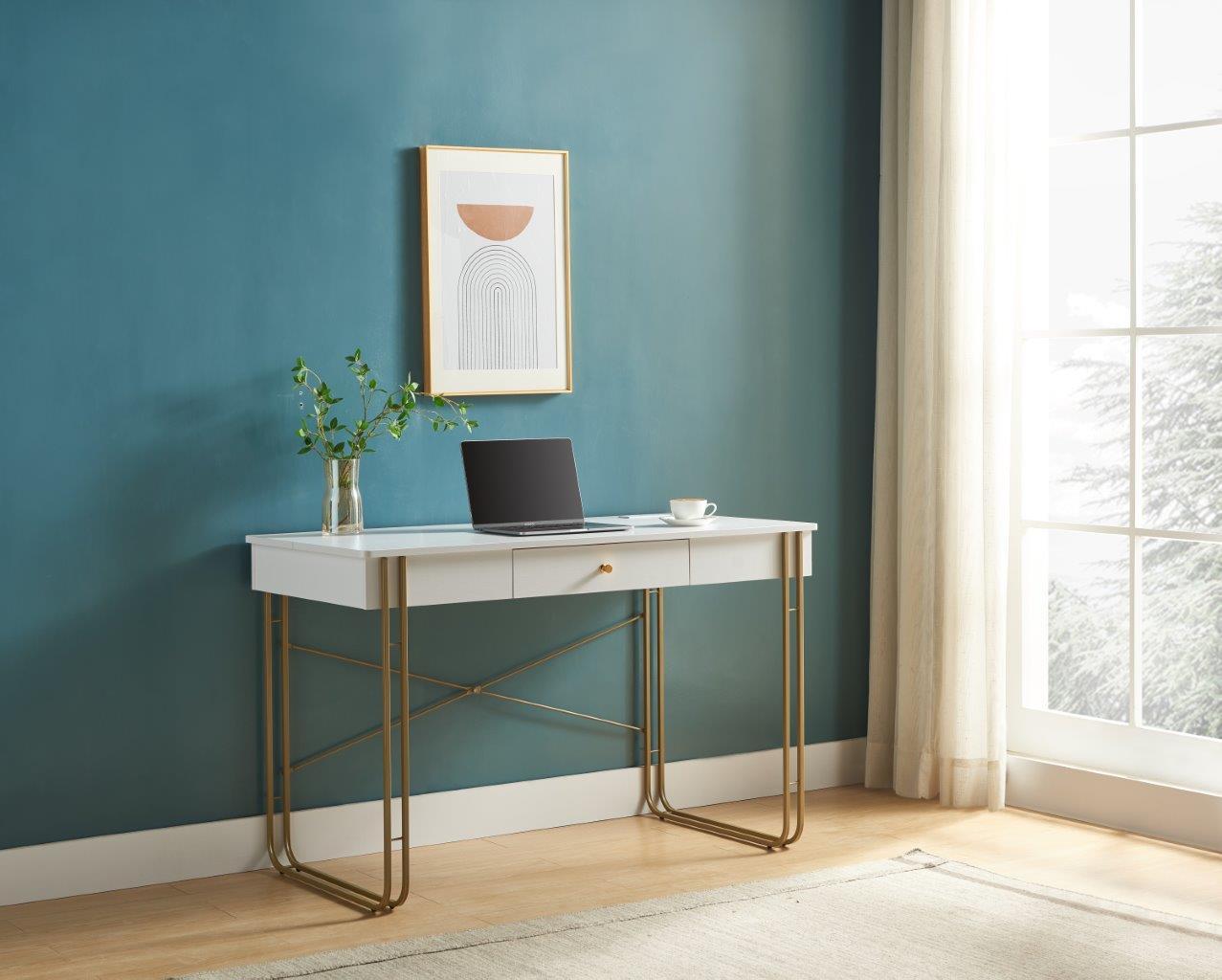 Computer Desk Writing Desk With One Drawer Metal Legs And Usb Outlet Port White & Gold Antique White Particle Board