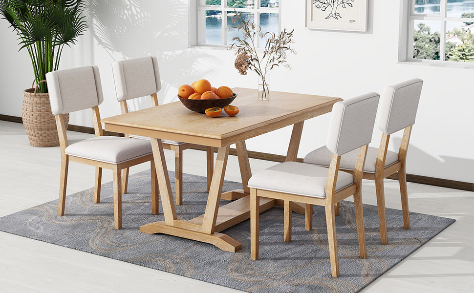 Rustic 5 Piece Dining Table Set With 4 Upholstered Chairs, 59 Inch Rectangular Dining Table With Trestle Table Base, Naural Wood Dining Room Solid Wood Rubberwood Rectangular Dining Table With Chair Upholstered Chair Wood Natural Solid Back Seats 4