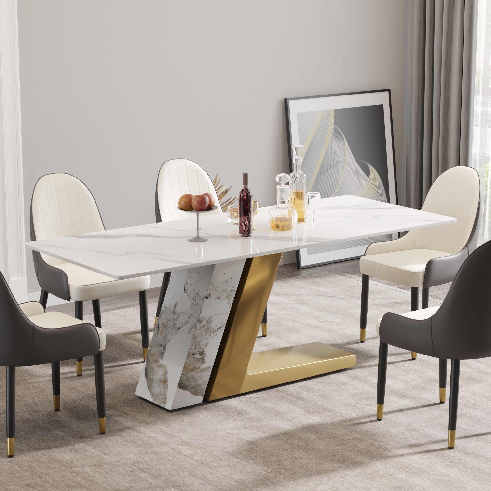 78.74"Modern Artificial Stone White Straight Panel, Golden White Metal Legs Can Accommodate 8 People. Not Including Chairs White Dining Room Metal Sintered Stone