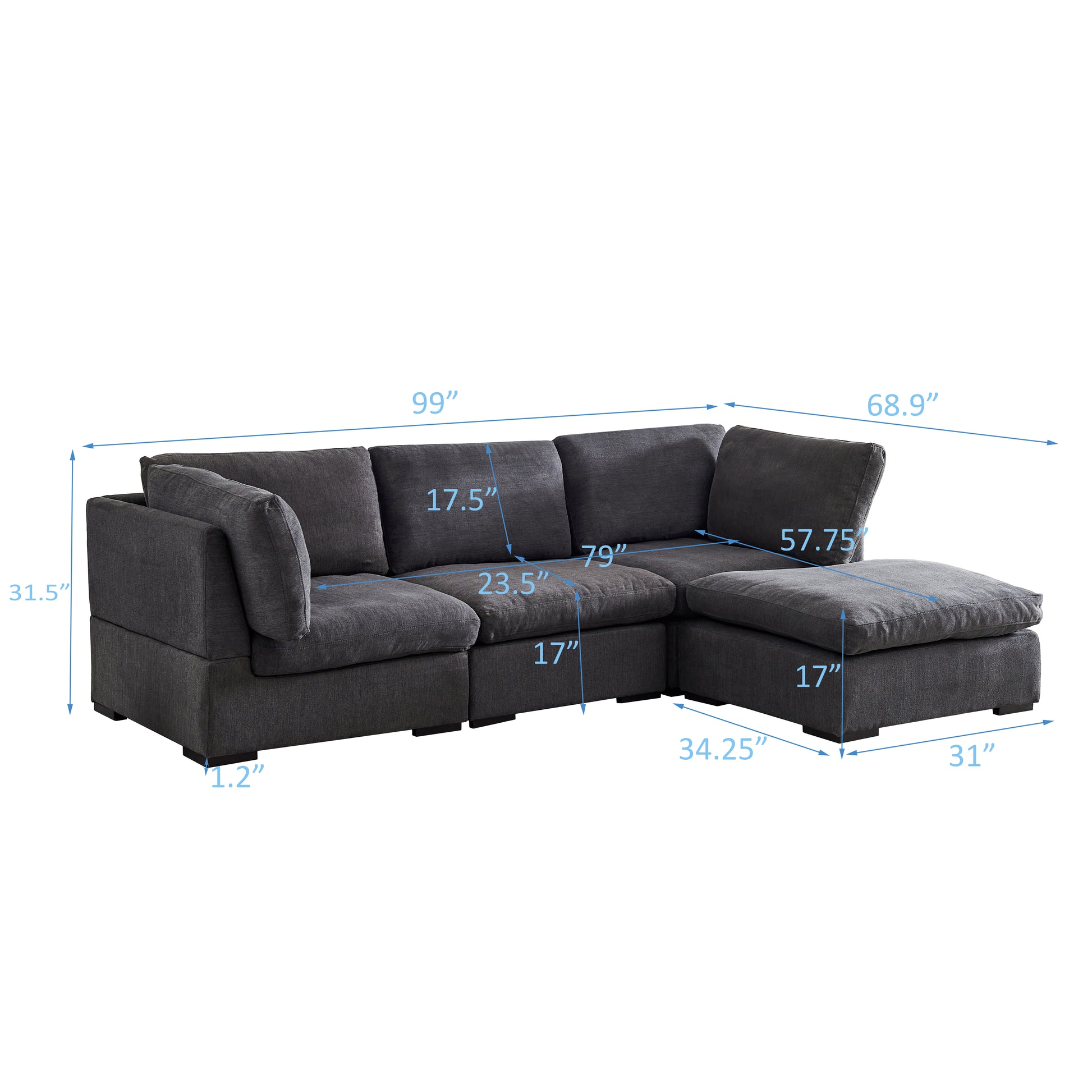 L Shape Modular Soft Fabric Sofa Filled With Down Dark Grey Dark Grey Down Filling Fabric