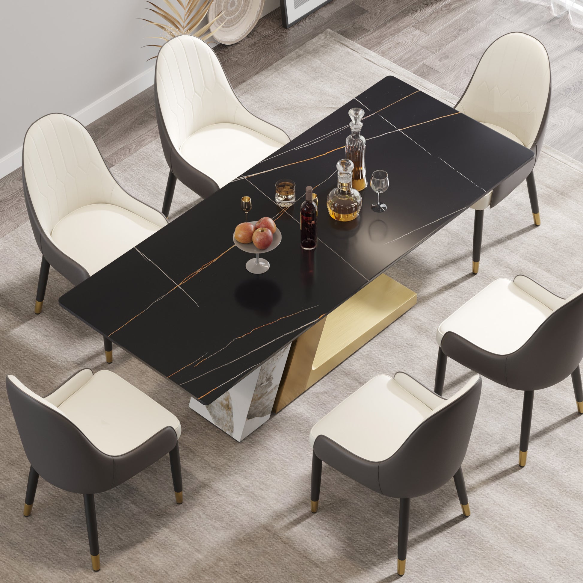 78.74"Modern Artificial Stone Black Straight Panel, Golden White Metal Legs Can Accommodate 8 People. Not Including Chairs Black Dining Room Metal Sintered Stone