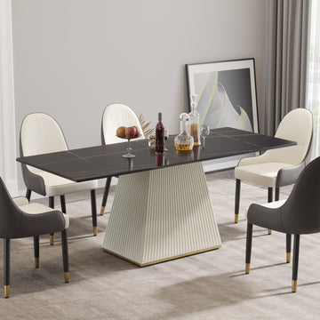 78.74" Modern Artificial Stone Black Straight Side Panel Beige Pu Plywood Table Legs Can Accommodate 8 People. Black Dining Room Plywood Sintered Stone