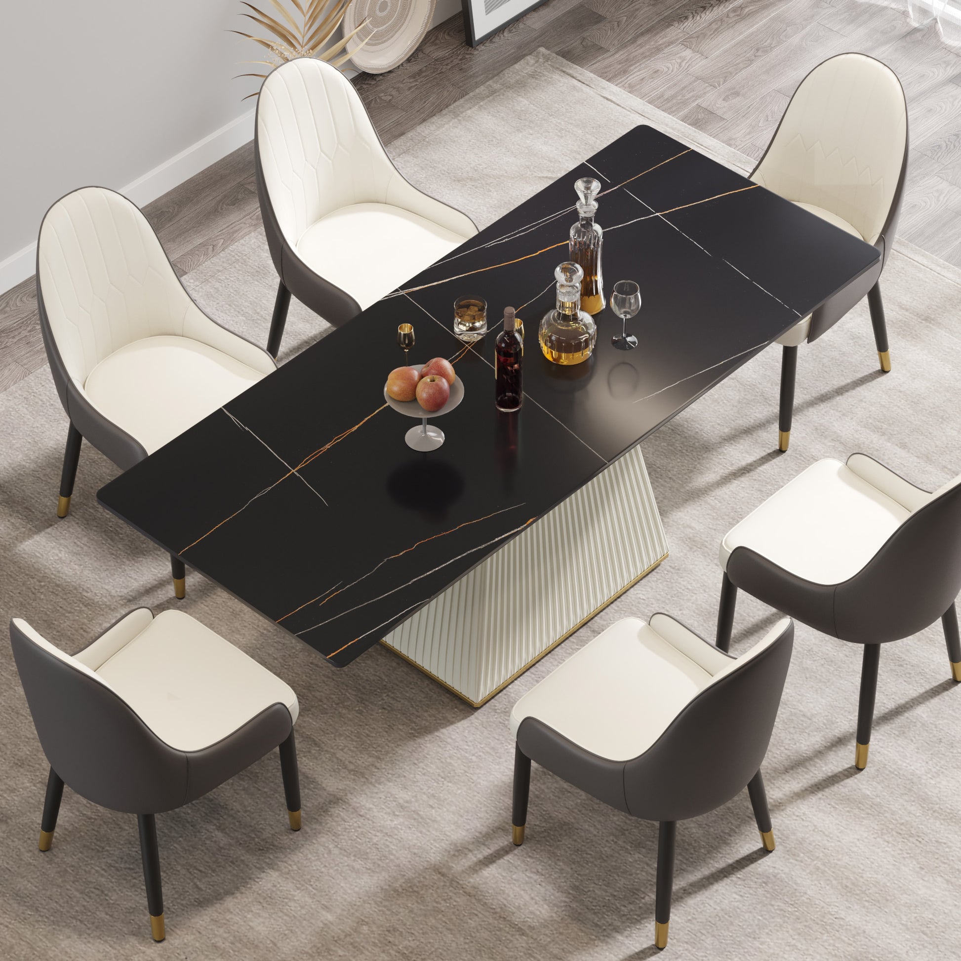 78.74" Modern Artificial Stone Black Straight Side Panel Beige Pu Plywood Table Legs Can Accommodate 8 People. Black Dining Room Plywood Sintered Stone