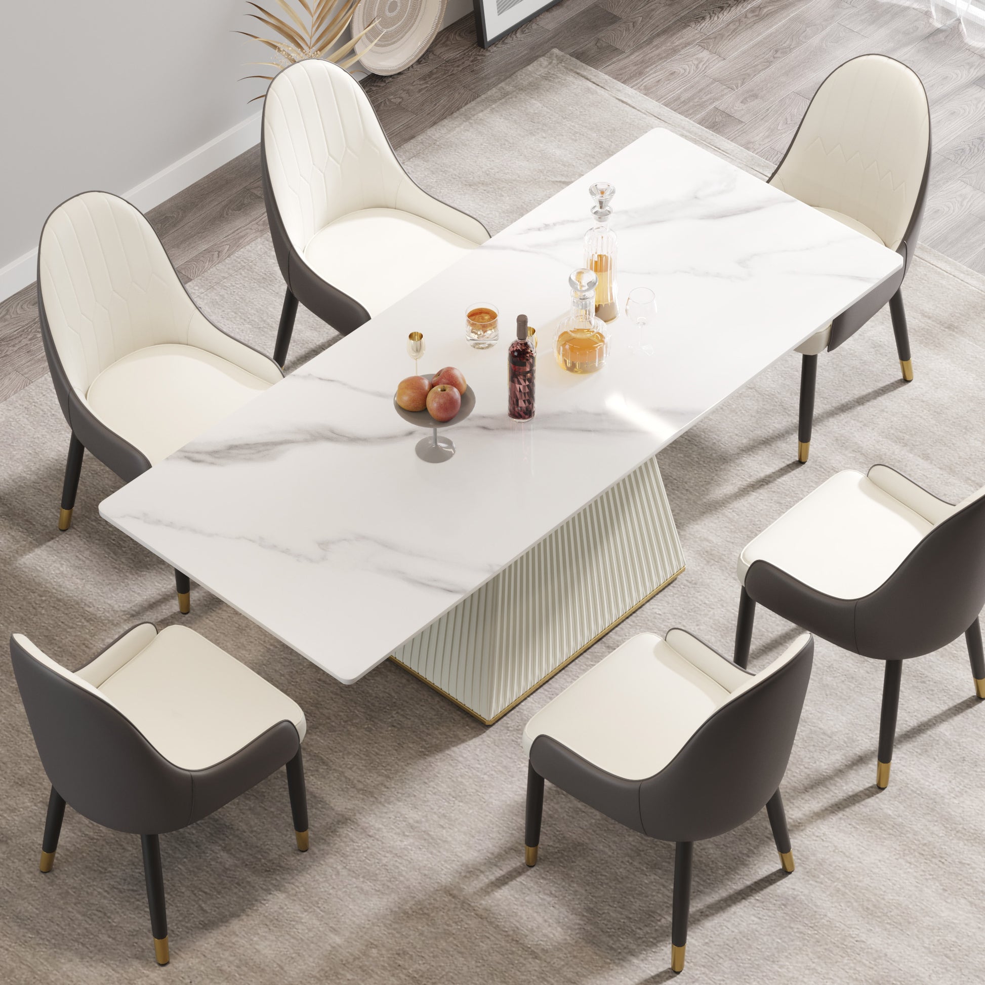 78.74" Modern Artificial Stone White Straight Side Panel Beige Pu Plywood Table Legs Can Accommodate 8 People. White Dining Room Plywood Sintered Stone