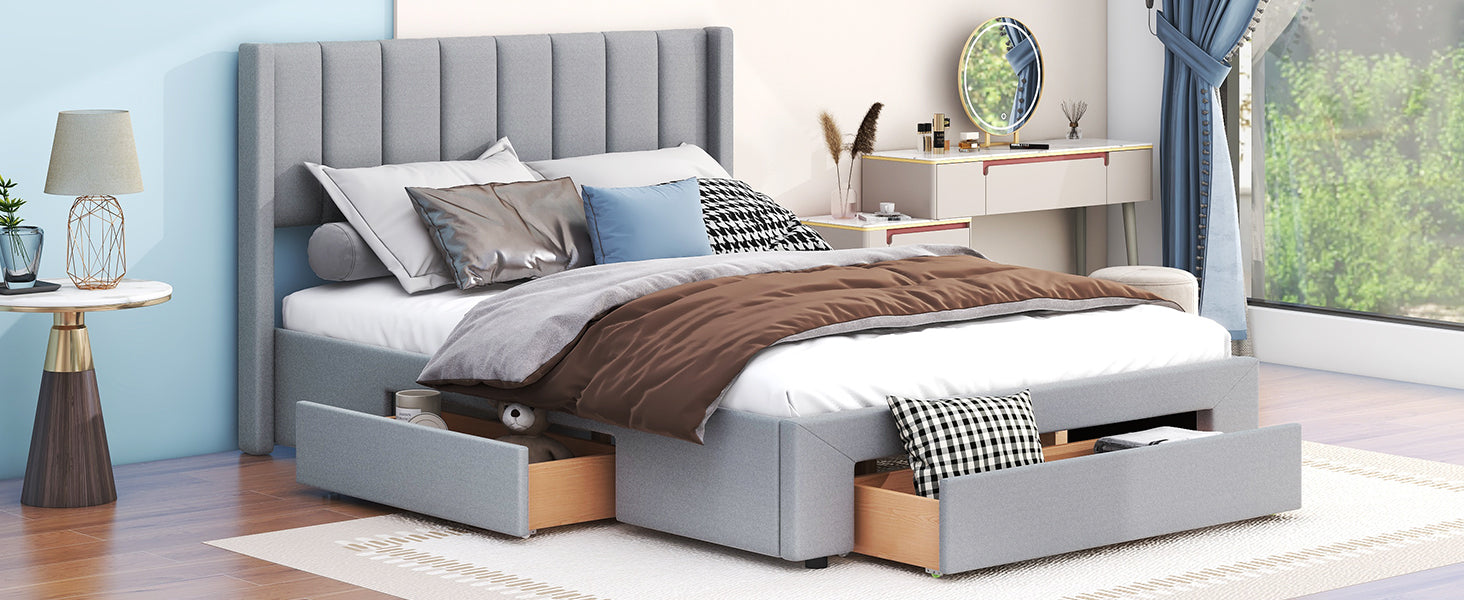 Queen Size Upholstered Platform Bed With One Large Drawer In The Footboard And Drawer On Each Side,Gray Box Spring Not Required Queen Gray Wood Bedroom Bed Frame Linen Upholstered