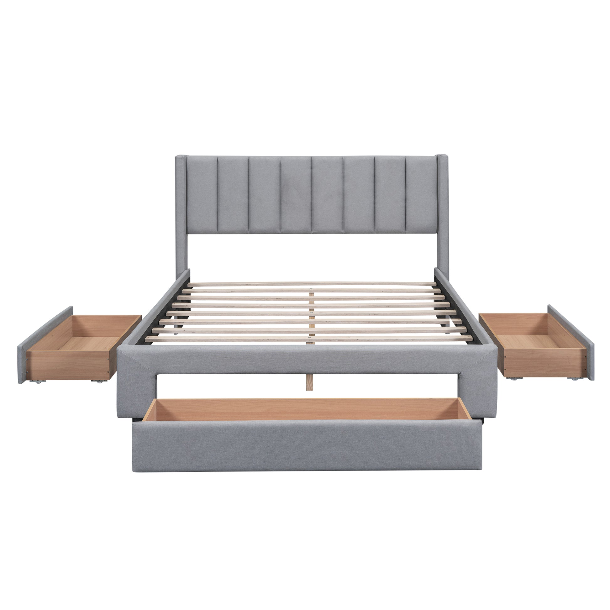 Queen Size Upholstered Platform Bed With One Large Drawer In The Footboard And Drawer On Each Side,Gray Box Spring Not Required Queen Gray Wood Bedroom Bed Frame Linen Upholstered