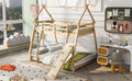 Twin Over Queen House Bunk Bed With Climbing Nets And Climbing Ramp, Natural Box Spring Not Required Natural Wood Bedroom Bunk Solid Wood Mdf