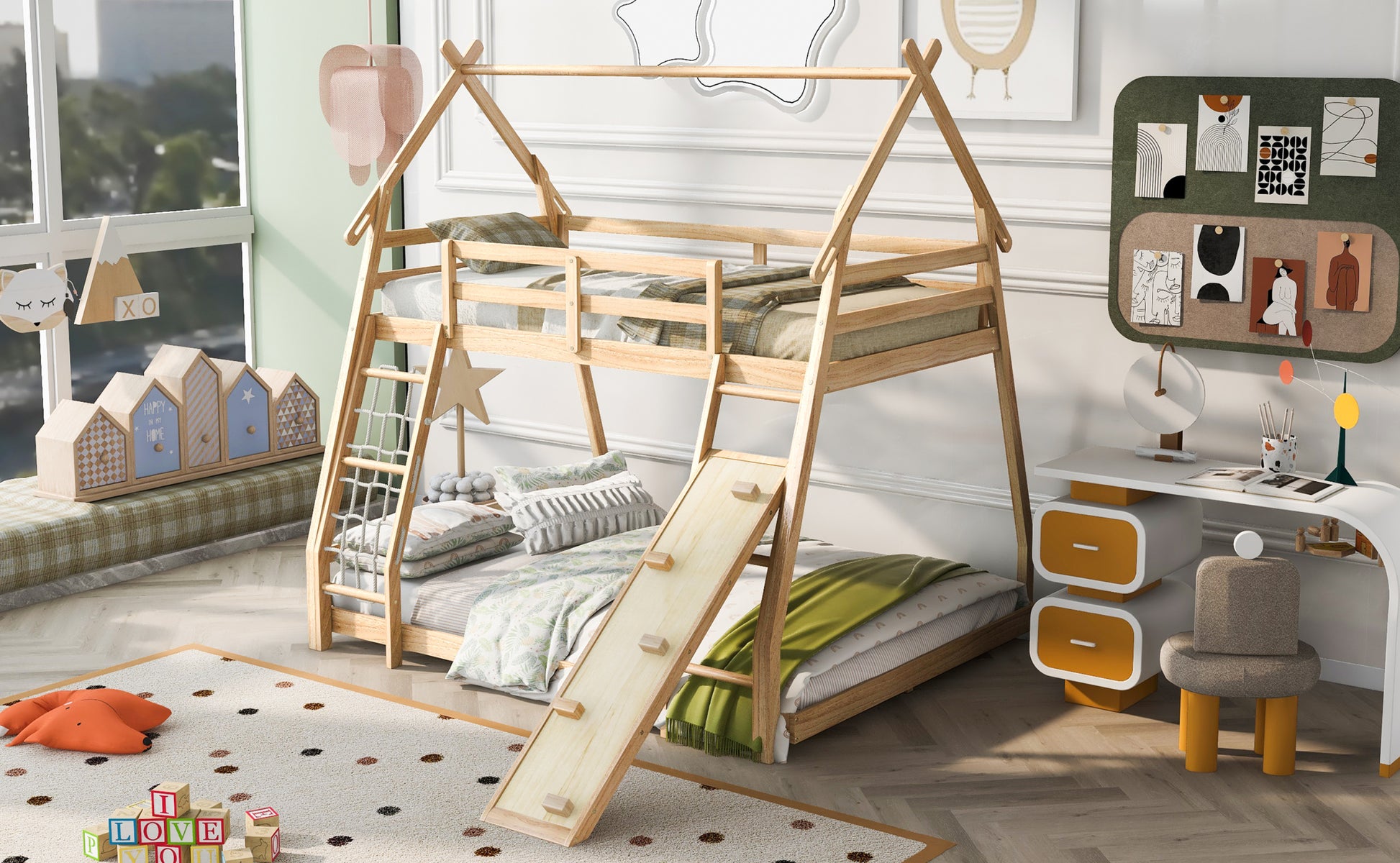 Twin Over Queen House Bunk Bed With Climbing Nets And Climbing Ramp, Natural Box Spring Not Required Natural Wood Bedroom Bunk Solid Wood Mdf