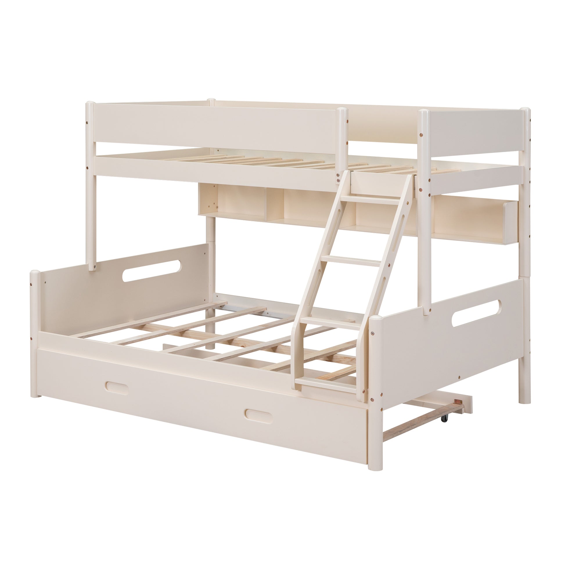 Wood Twin Over Full Bunk Bed With Storage Shelves And Twin Size Trundle, Cream Box Spring Not Required Cream Wood Bedroom Bunk Solid Wood Mdf