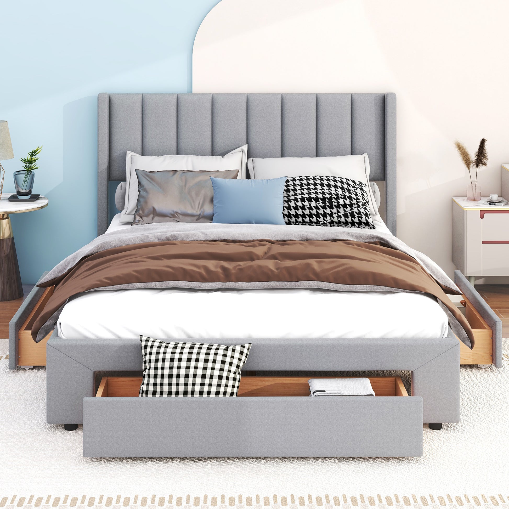 Queen Size Upholstered Platform Bed With One Large Drawer In The Footboard And Drawer On Each Side,Gray Box Spring Not Required Queen Gray Wood Bedroom Bed Frame Linen Upholstered
