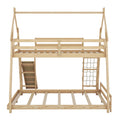 Twin Over Queen House Bunk Bed With Climbing Nets And Climbing Ramp, Natural Box Spring Not Required Natural Wood Bedroom Bunk Solid Wood Mdf