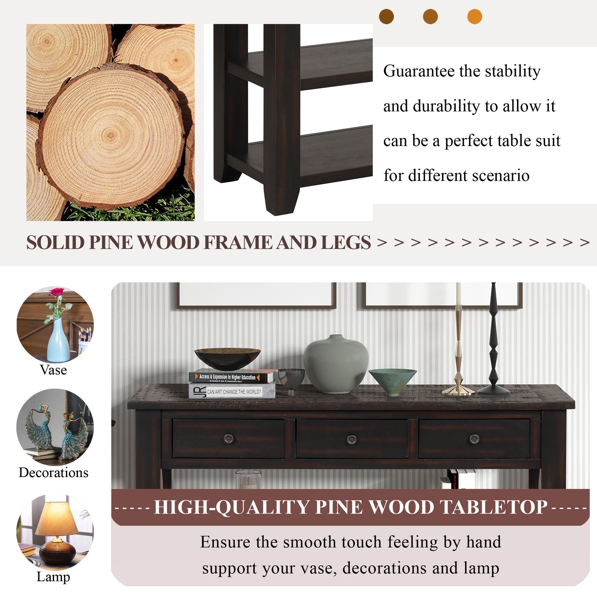 48'' Solid Pine Wood Top Console Table, Modern Entryway Sofa Side Table With 3 Storage Drawers And 2 Shelves. Easy To Assemble Black Black Pine