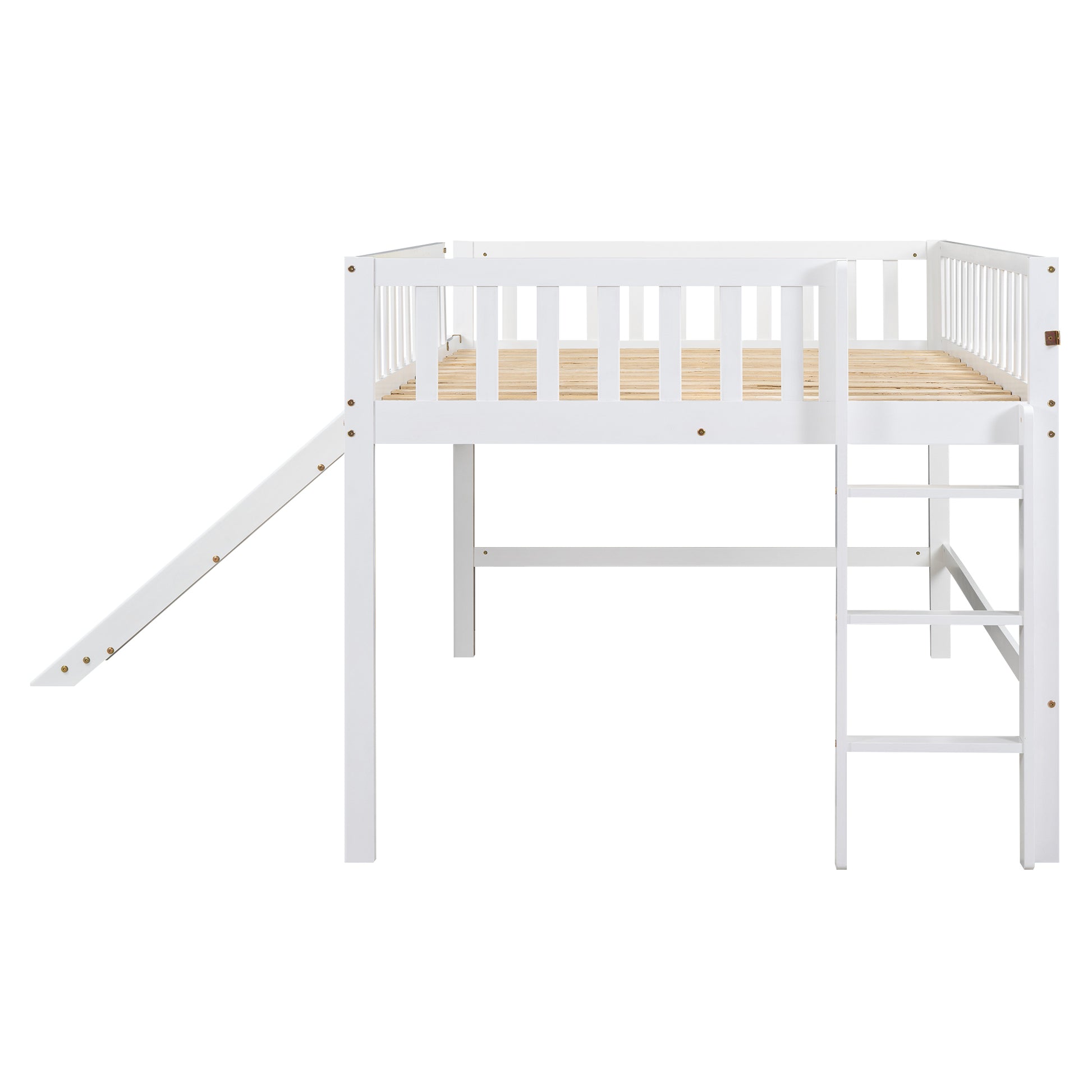 Full Size Low Loft Bed With Ladder And Slide,White Box Spring Not Required Full White Wood Bedroom Pine