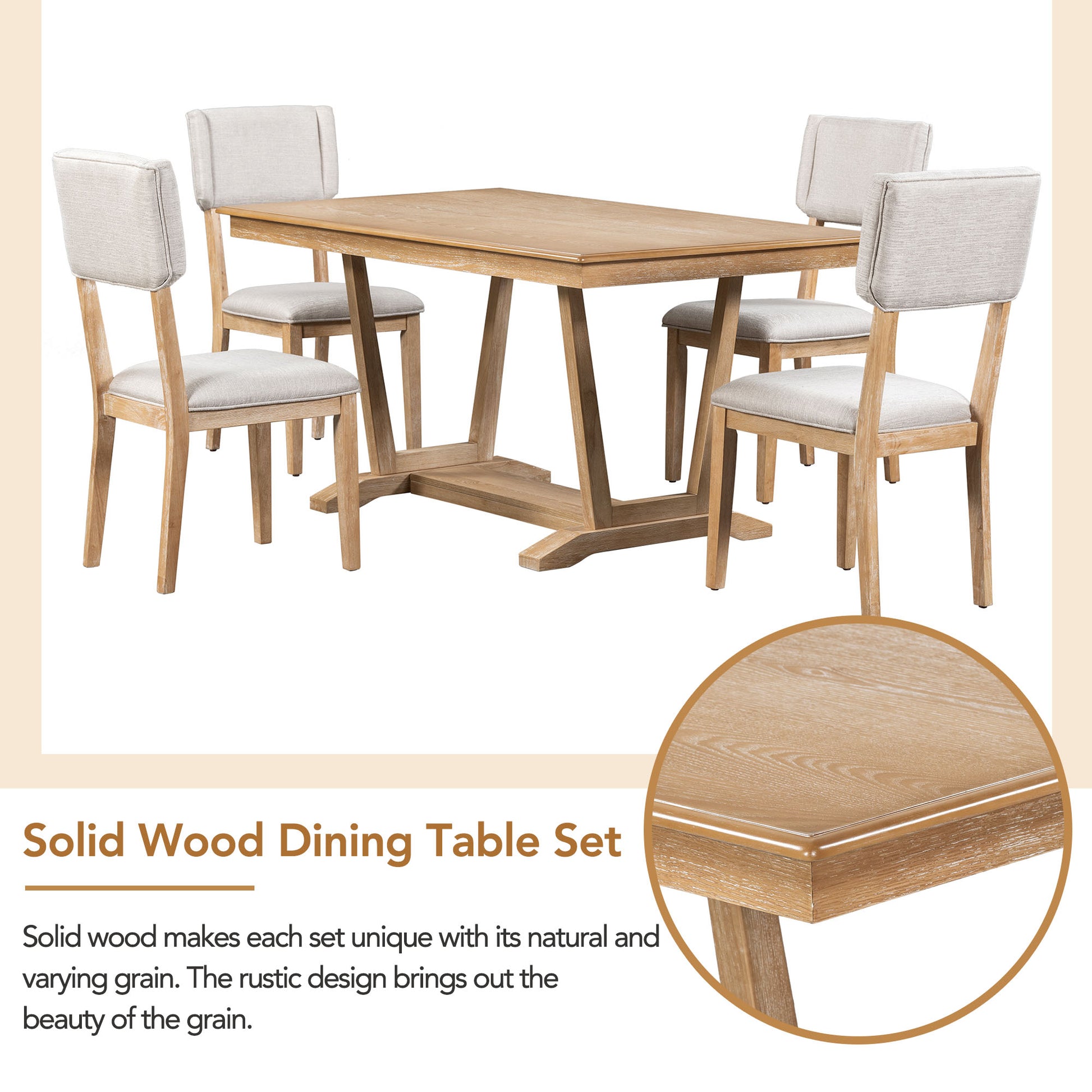 Rustic 5 Piece Dining Table Set With 4 Upholstered Chairs, 59 Inch Rectangular Dining Table With Trestle Table Base, Naural Wood Dining Room Solid Wood Rubberwood Rectangular Dining Table With Chair Upholstered Chair Wood Natural Solid Back Seats 4
