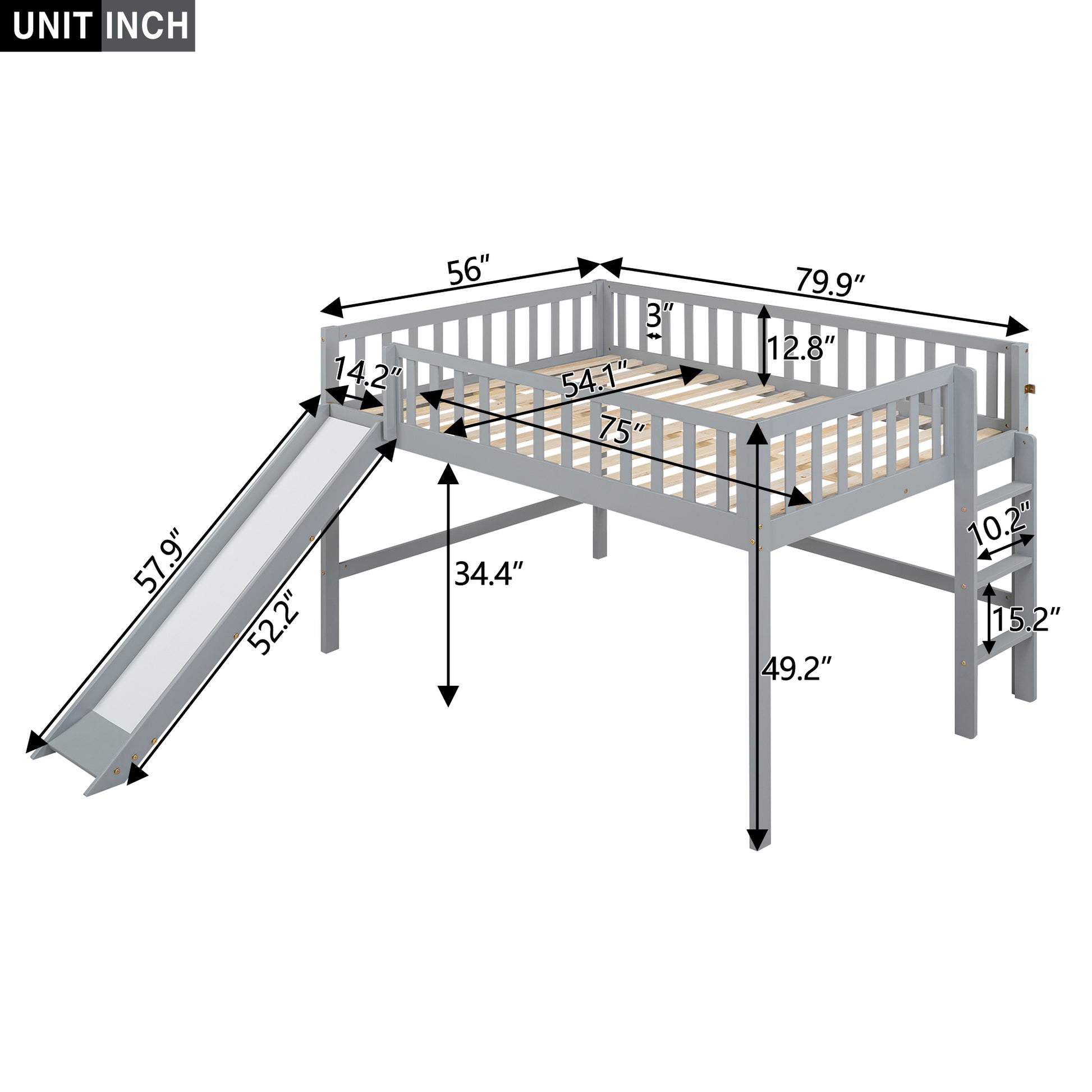 Full Size Low Loft Bed With Ladder And Slide,Gray Box Spring Not Required Full Gray Wood Bedroom Pine