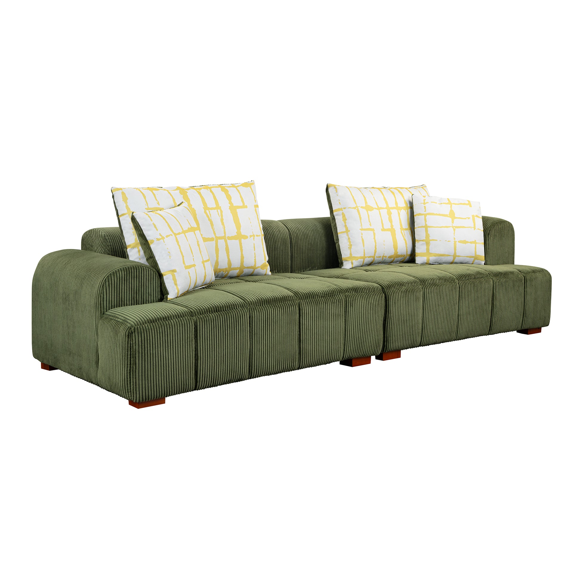 103.9" Modern Couch Corduroy Fabric Comfy Sofa With Rubber Wood Legs, 4 Pillows For Living Room, Bedroom, Office, Green Green Corduroy 2 Seat