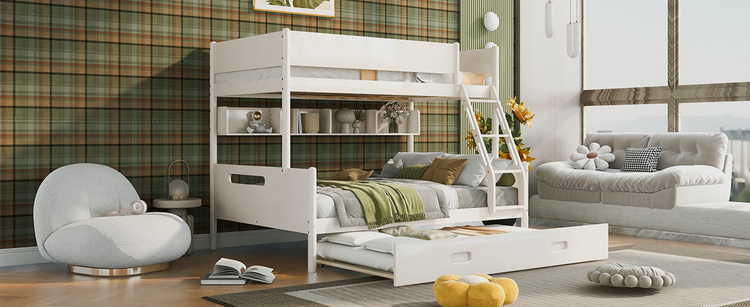 Wood Twin Over Full Bunk Bed With Storage Shelves And Twin Size Trundle, Cream Box Spring Not Required Cream Wood Bedroom Bunk Solid Wood Mdf