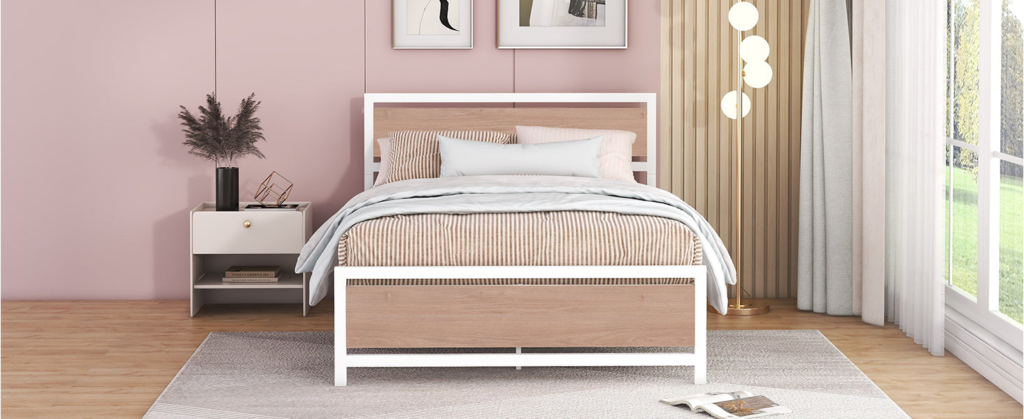 Full Size Platform Bed, Metal And Wood Bed Frame With Headboard And Footboardwhite White Metal & Wood