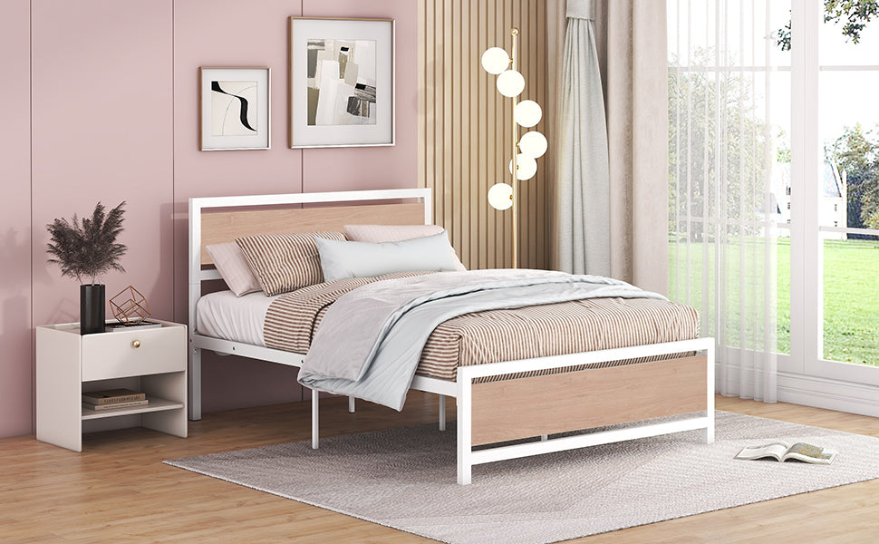Full Size Platform Bed, Metal And Wood Bed Frame With Headboard And Footboardwhite White Metal & Wood