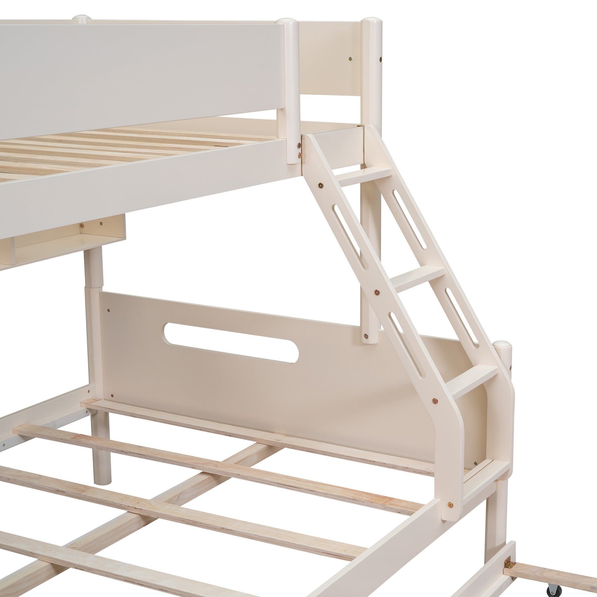 Wood Twin Over Full Bunk Bed With Storage Shelves And Twin Size Trundle, Cream Box Spring Not Required Cream Wood Bedroom Bunk Solid Wood Mdf