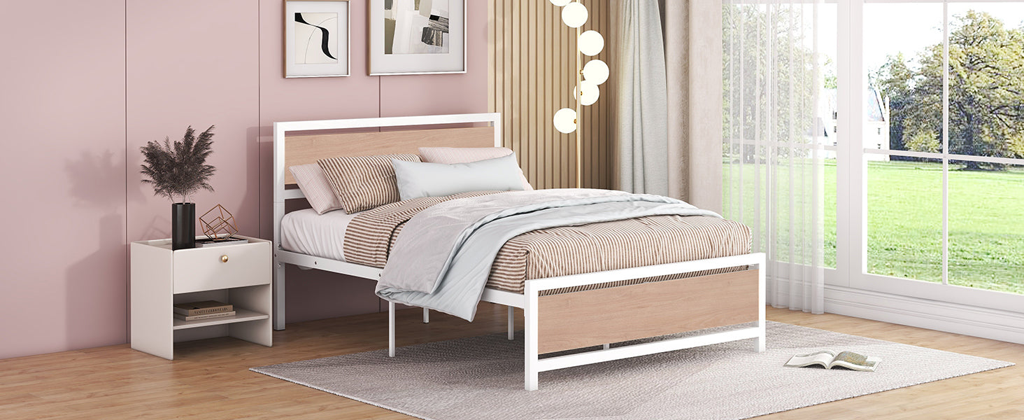 Full Size Platform Bed, Metal And Wood Bed Frame With Headboard And Footboardwhite White Metal & Wood