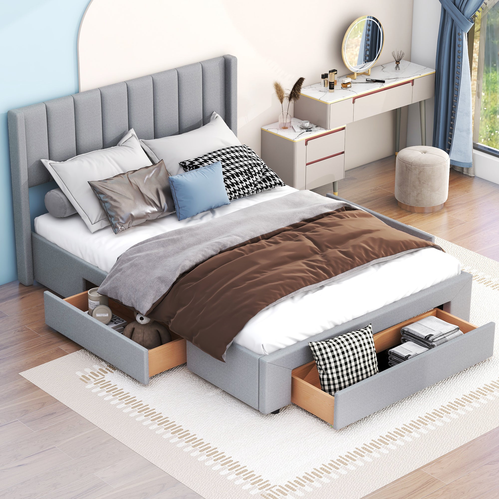 Queen Size Upholstered Platform Bed With One Large Drawer In The Footboard And Drawer On Each Side,Gray Box Spring Not Required Queen Gray Wood Bedroom Bed Frame Linen Upholstered