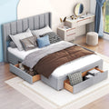 Queen Size Upholstered Platform Bed With One Large Drawer In The Footboard And Drawer On Each Side,Gray Box Spring Not Required Queen Gray Wood Bedroom Bed Frame Linen Upholstered
