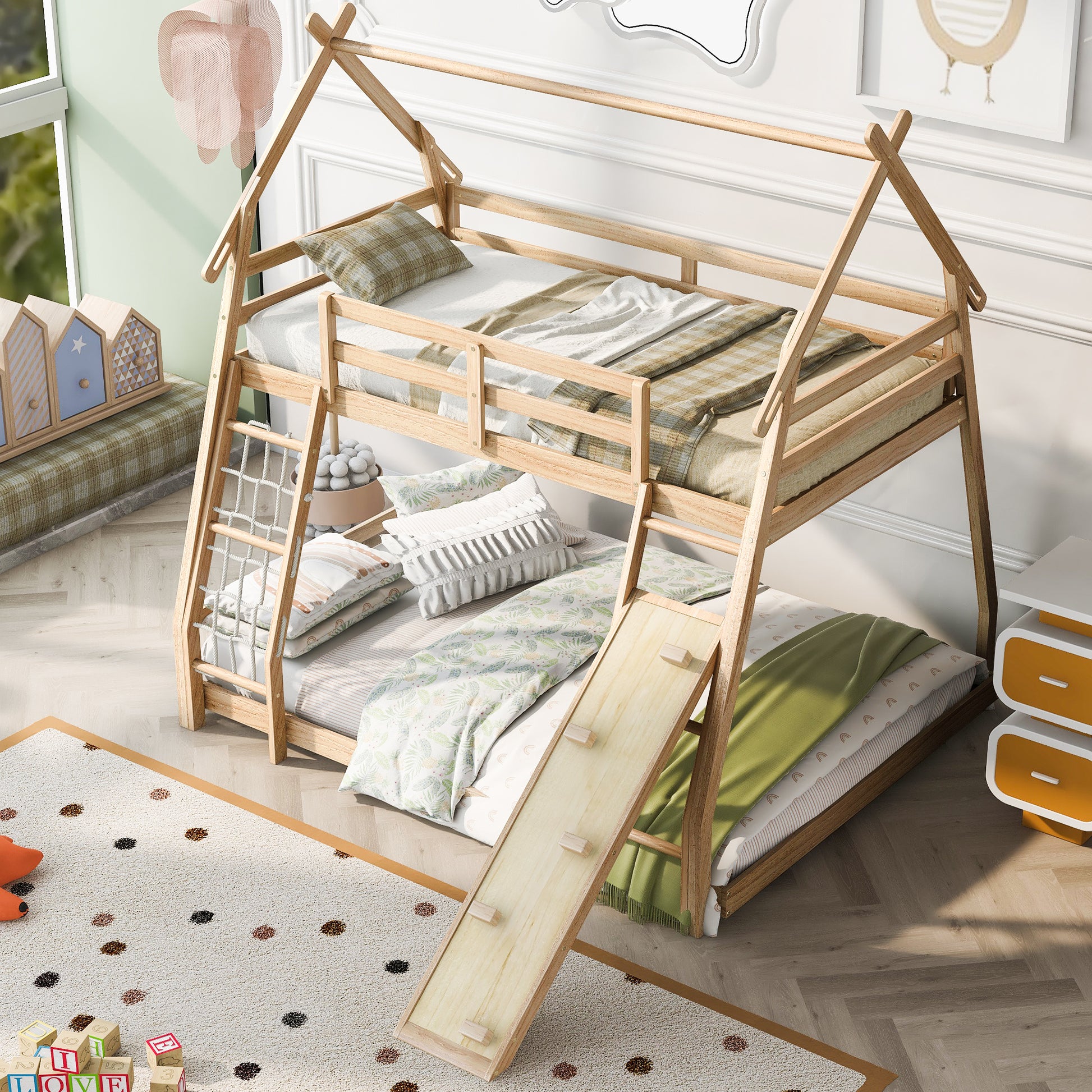 Twin Over Queen House Bunk Bed With Climbing Nets And Climbing Ramp, Natural Box Spring Not Required Natural Wood Bedroom Bunk Solid Wood Mdf