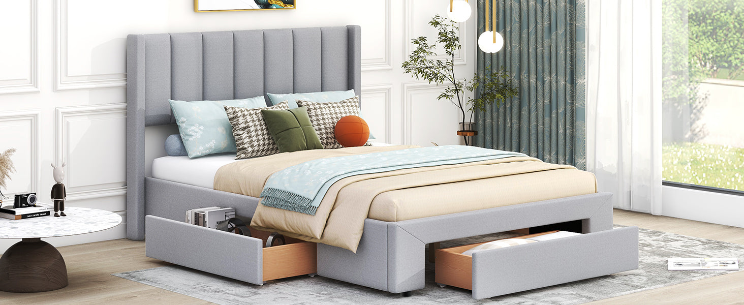 Full Size Upholstered Platform Bed With One Large Drawer In The Footboard And Drawer On Each Side,Gray Box Spring Not Required Full Gray Wood Bedroom Bed Frame Linen Upholstered