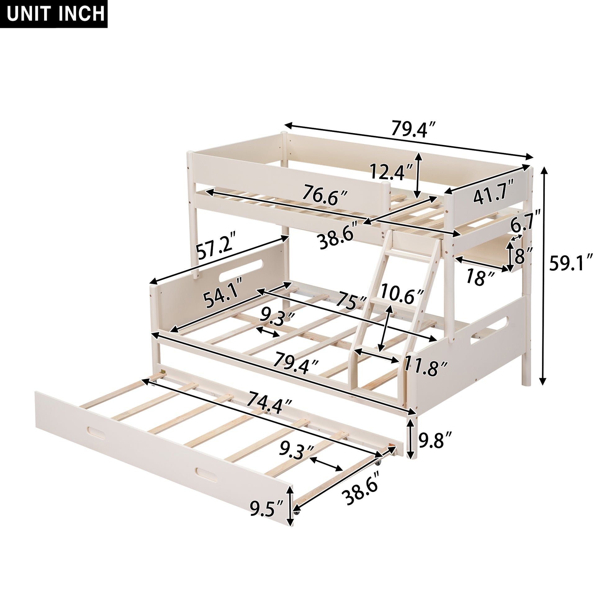 Wood Twin Over Full Bunk Bed With Storage Shelves And Twin Size Trundle, Cream Box Spring Not Required Cream Wood Bedroom Bunk Solid Wood Mdf