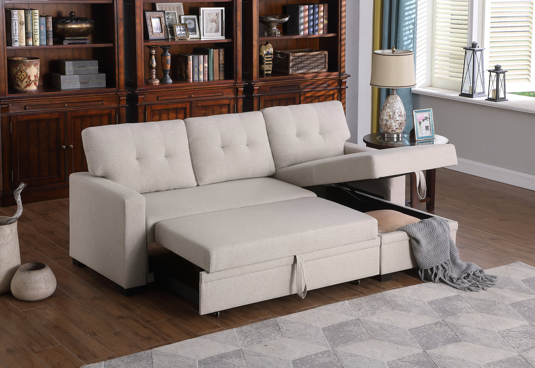 Upholstered Pull Out Sectional Sofa With Chaise Beige Foam Linen