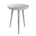 20 Inch Artisanal Industrial Round Tray Top Iron Side End Table, Tripod Base, Distressed White, Gold Golden White Iron