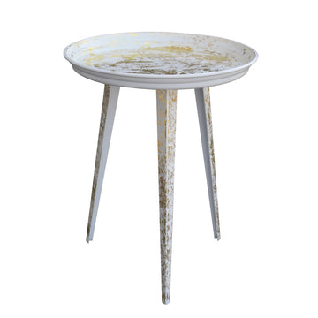 20 Inch Artisanal Industrial Round Tray Top Iron Side End Table, Tripod Base, Distressed White, Gold Golden White Iron