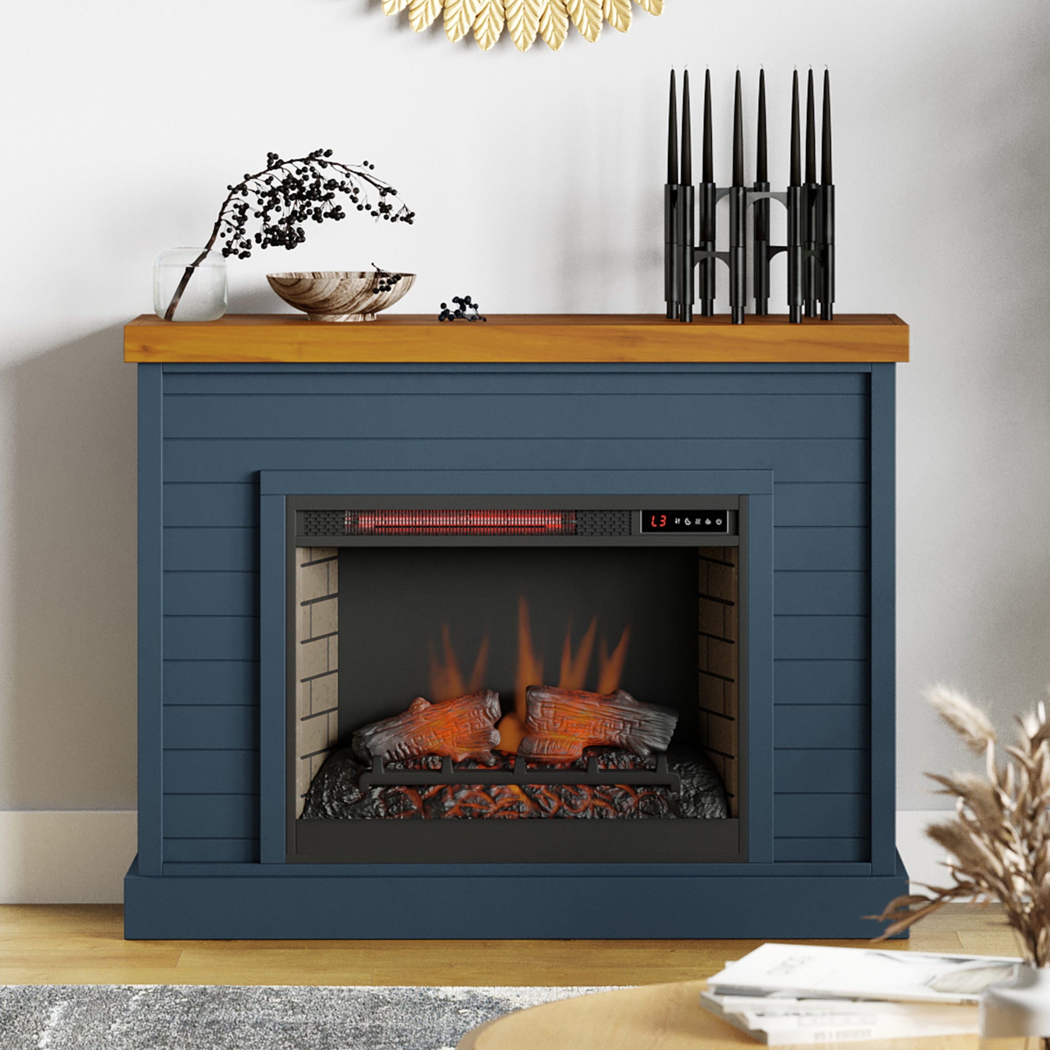 Washington 48 Inch Fireplace With Mantel, Blue Denim And Whiskey Finish Up To 40 Powder Coated Electric Blue 400 Coastal,Farmhouse,Nautical Yes Insert Solid Wood Electric