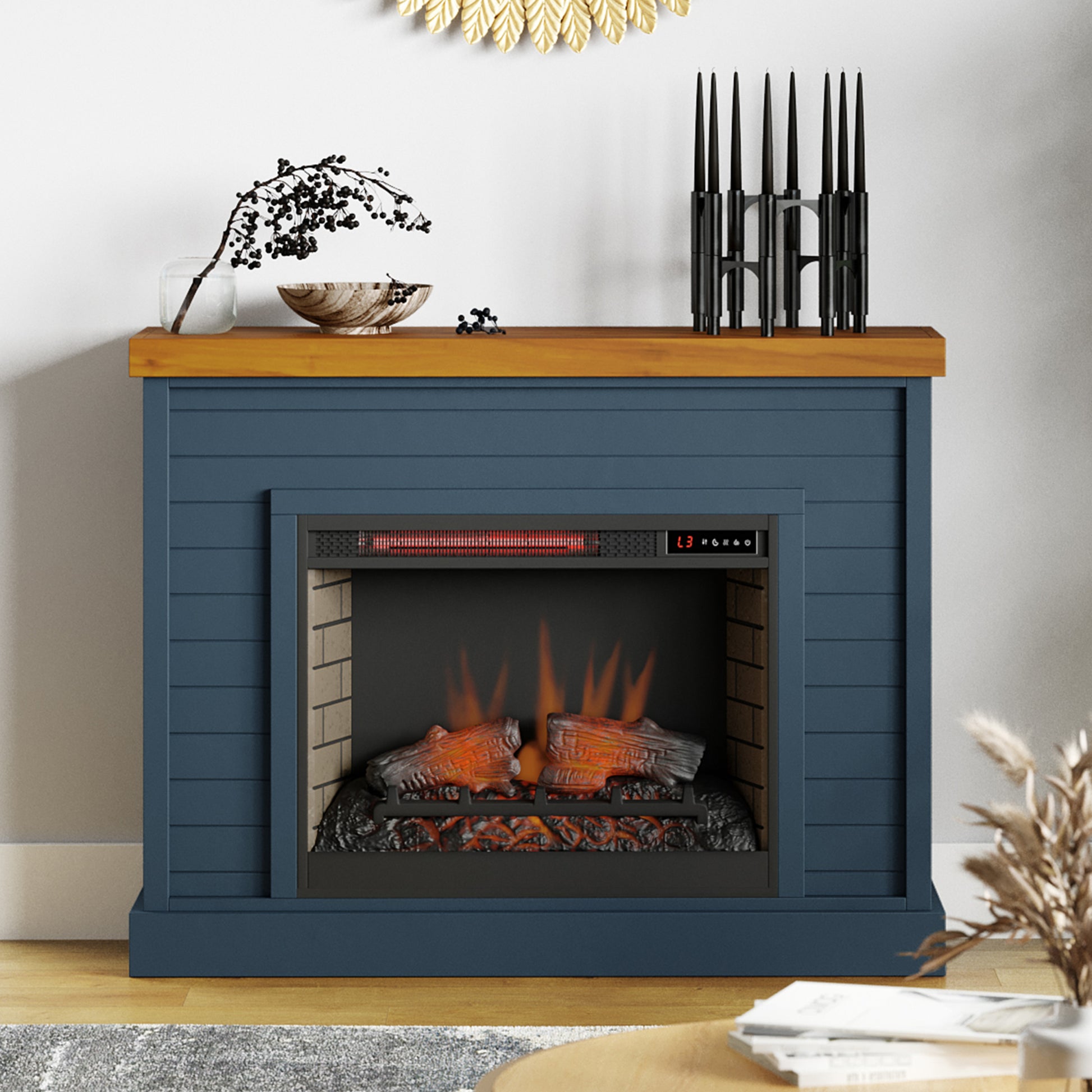 Washington 48 Inch Fireplace With Mantel, Blue Denim And Whiskey Finish Up To 40 Powder Coated Electric Blue 400 Coastal,Farmhouse,Nautical Yes Insert Solid Wood Electric